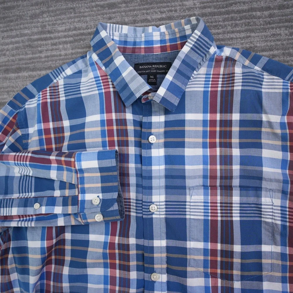 Banana Republic Mens XL Blue Red Plaid Stretch‎ Soft Wash Standard Fit Shirt